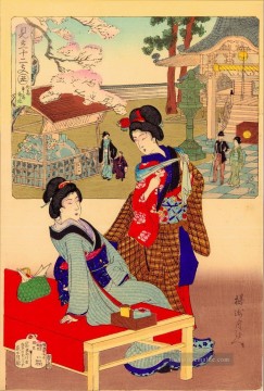 Zwei junge Frauen entspannen den Inder Toyohara Chikanobu Ölgemälde
